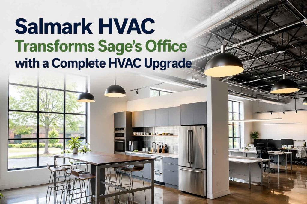 Modern commercial office interior with exposed HVAC ductwork after complete HVAC system upgrade