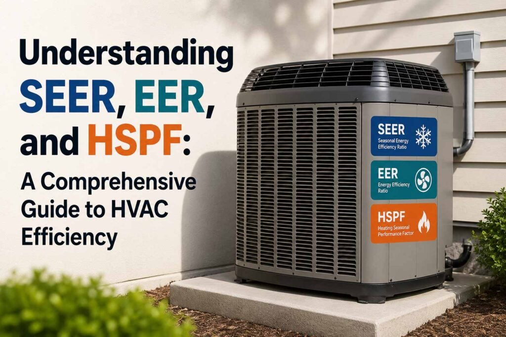 HVAC efficiency infographic explaining SEER, EER, and HSPF ratings with outdoor air conditioning unit