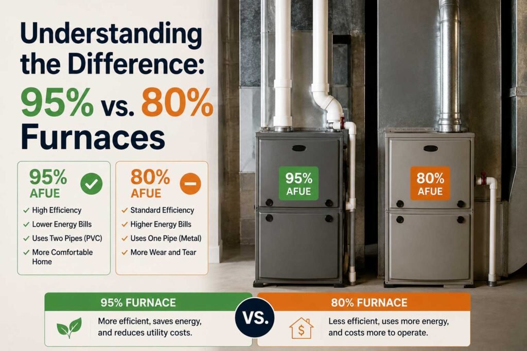 Comparison infographic showing 95% AFUE vs 80% AFUE residential furnace efficiency systems