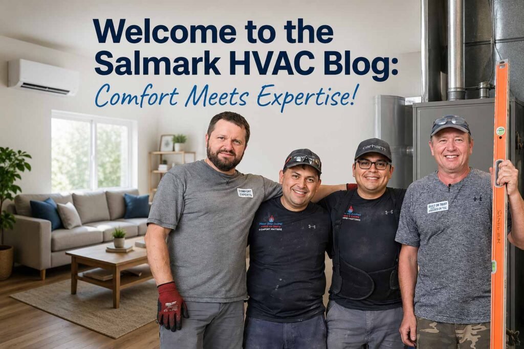 Salmark HVAC team standing inside residential HVAC installation and service workspace