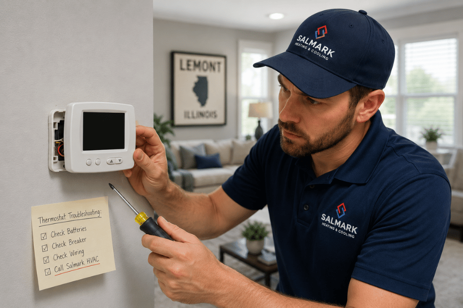 Blank thermostat screen being diagnosed by an HVAC technician during residential HVAC troubleshooting in Lemont, Illinois.