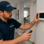 HVAC technician inspecting a blank thermostat screen in a residential home while diagnosing a heating and cooling system.