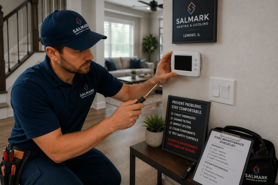 Professional HVAC maintenance technician inspecting a thermostat during preventive heating and cooling system service.