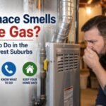 technician inspecting a gas line after homeowner reports furnace smells like gas